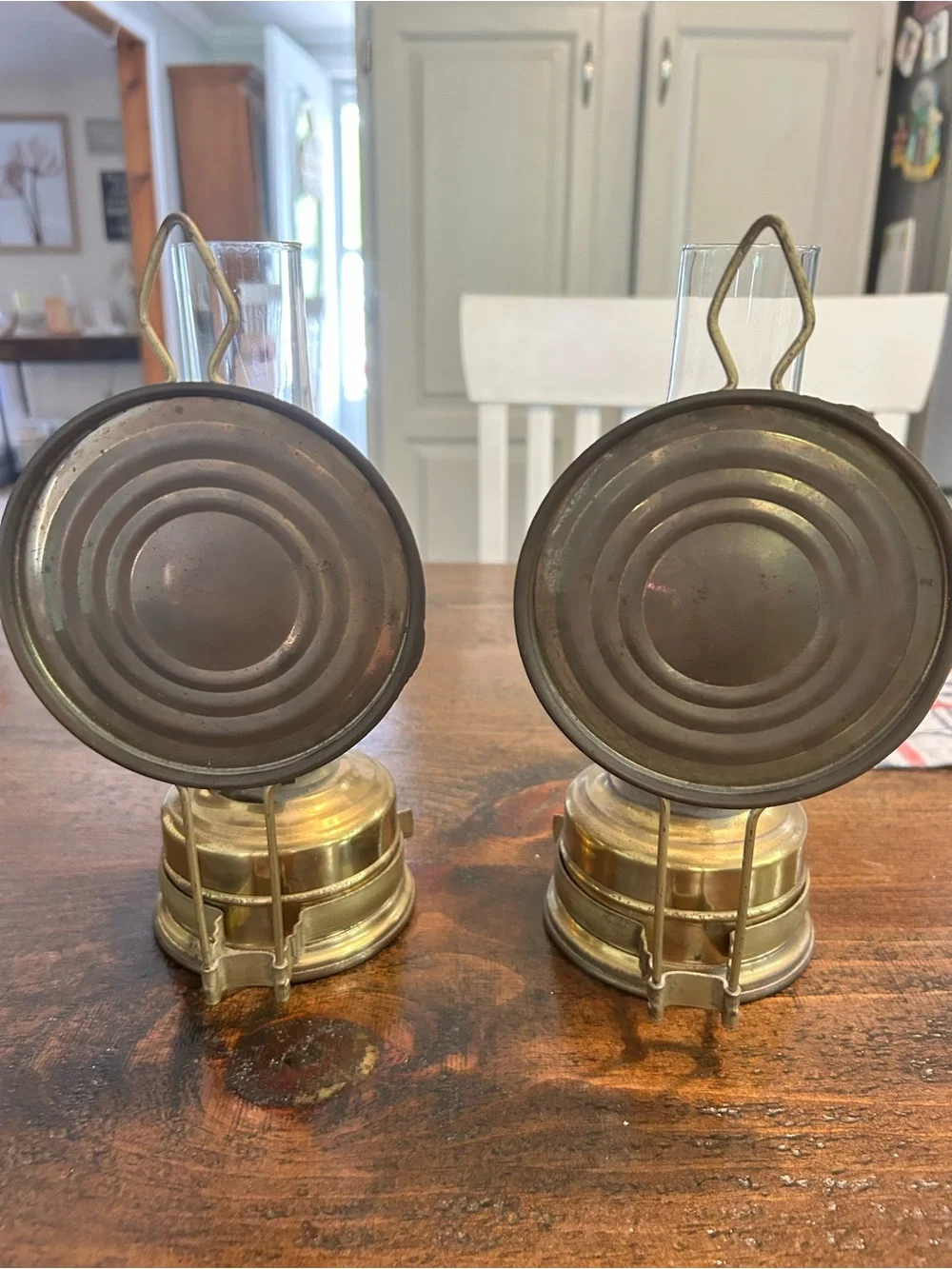 2 Antique Brass Oil Lamps Able To Hang On Walls. Made In Germany